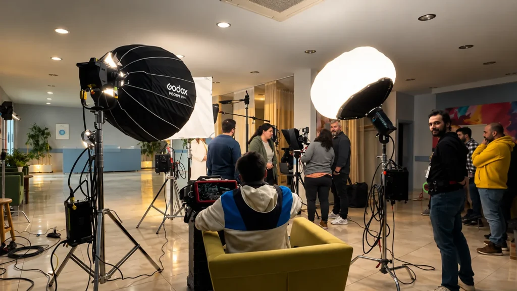 Kurumsal video prodüksiyonunda kamera, ışık ve çekim ekibi